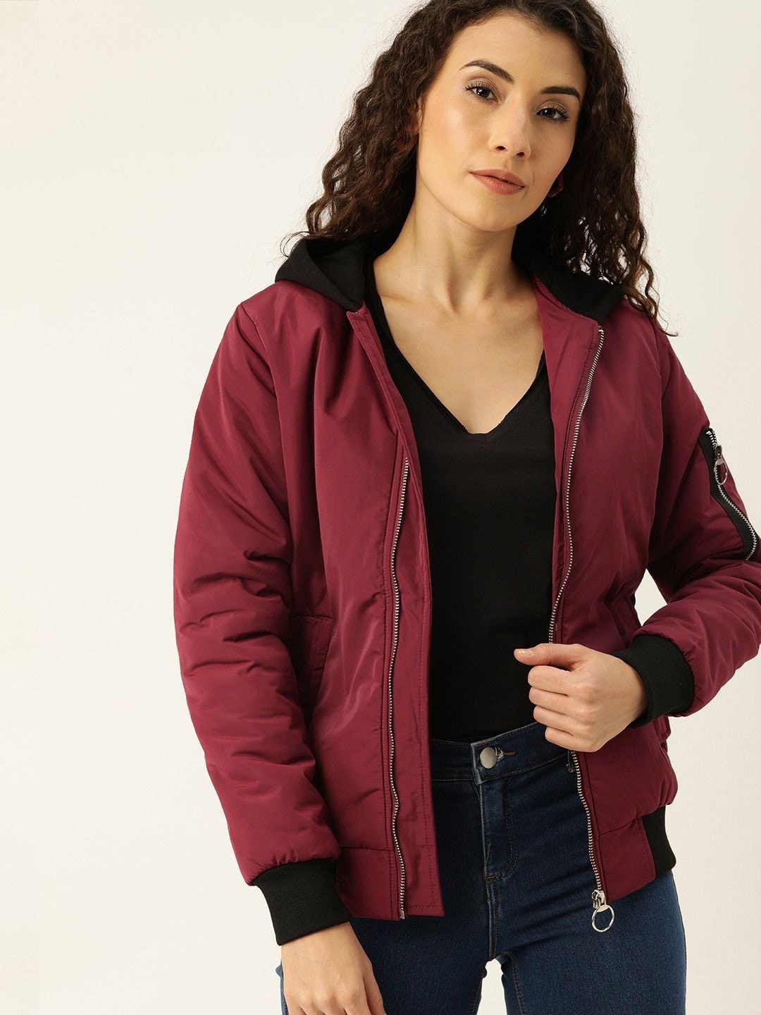 

Campus Sutra Hooded Windcheater Bomber Jacket, Maroon