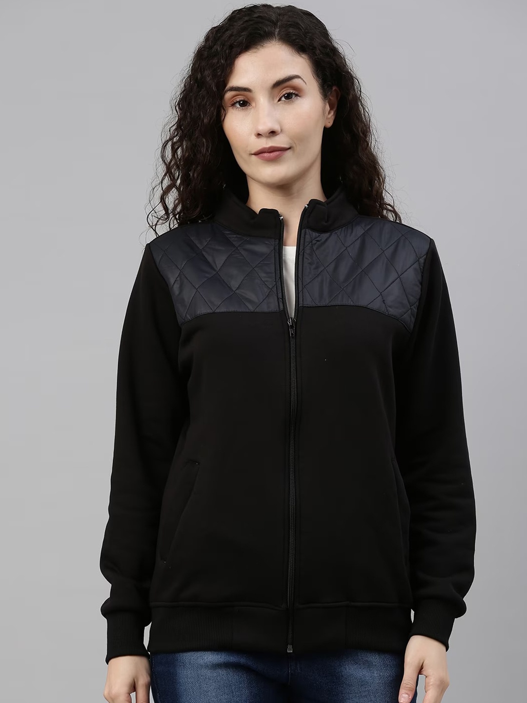 

Campus Sutra Mock Collar Windcheater Cotton Quilted Jacket, Navy blue