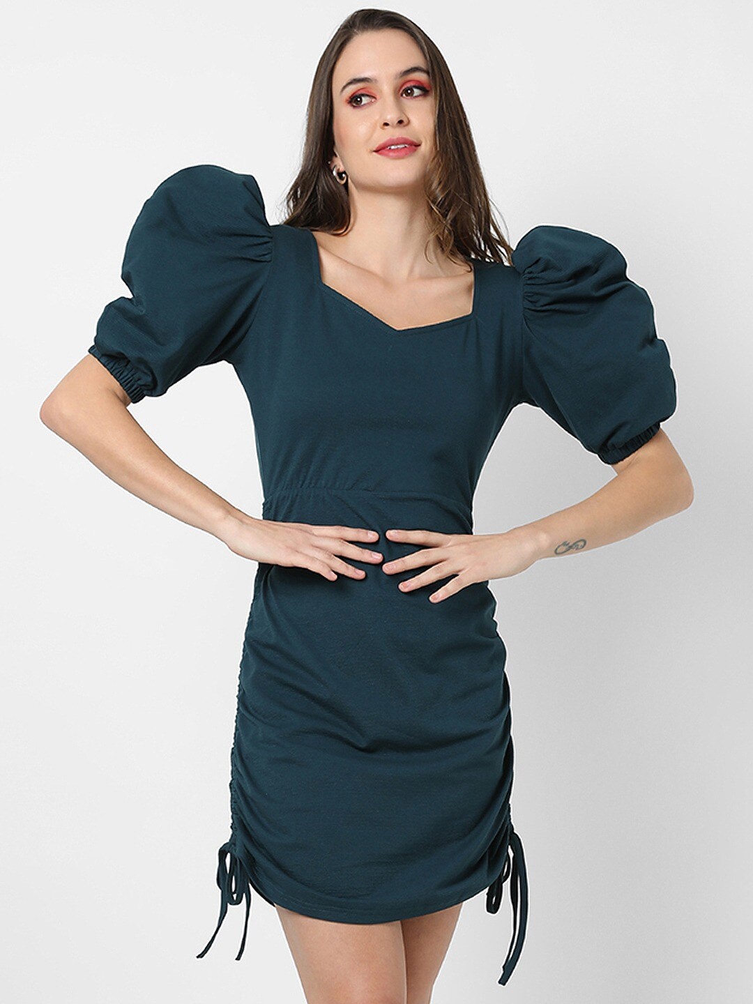 

Campus Sutra Navy Blue Ruched Puff Sleeve Mini Sheath Dress
