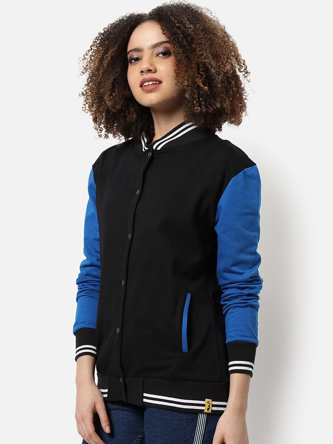 

Campus Sutra Colourblocked Windcheater Cotton Varsity Jacket, Black