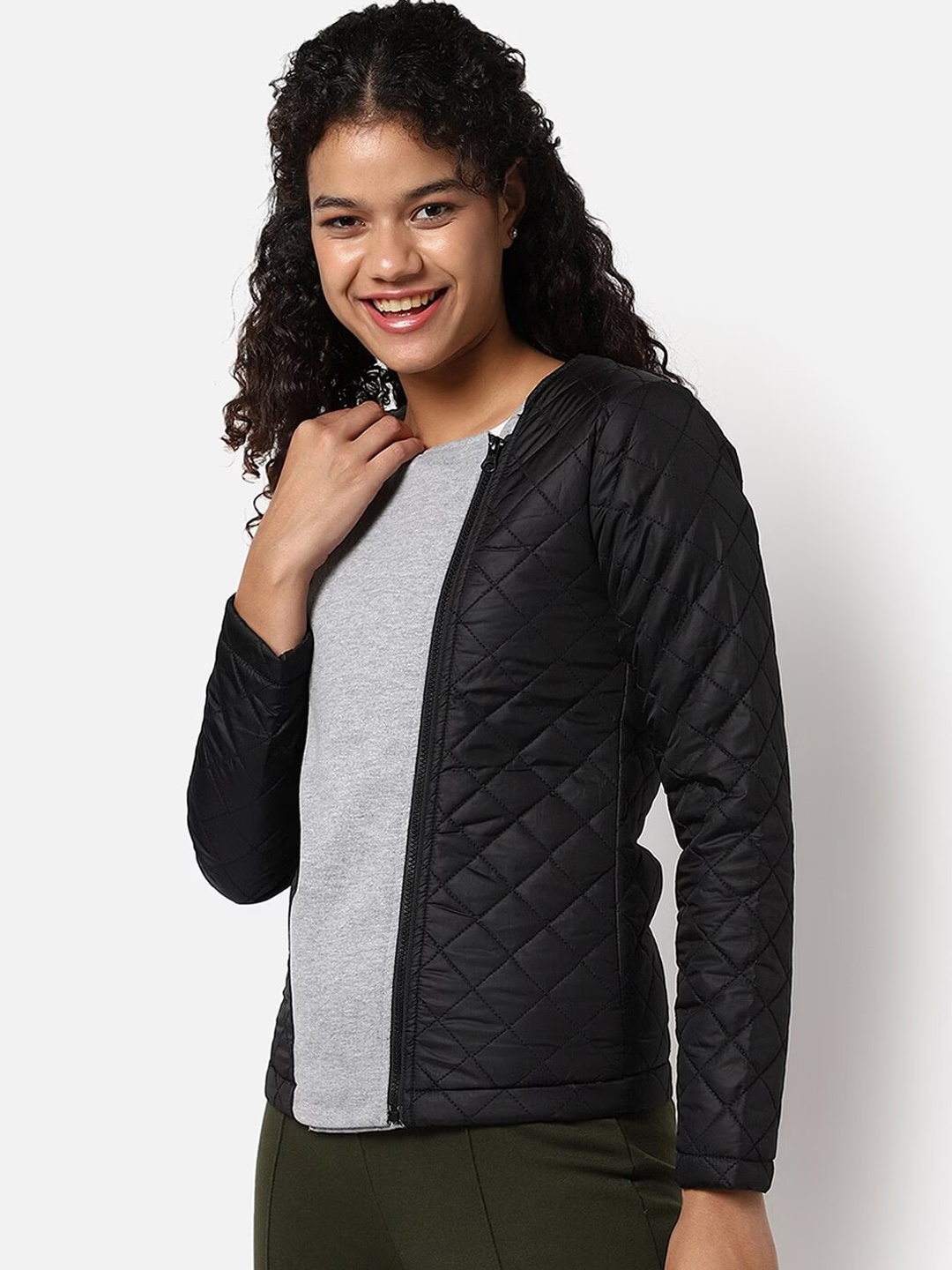 

Campus Sutra Collarless Windcheater Quilted Jacket, Black