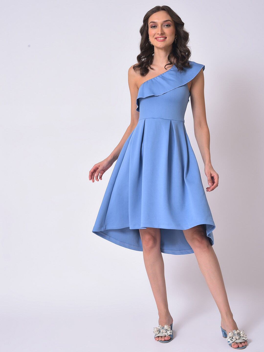 

Campus Sutra Blue One Shoulder Fit & Flare Dress