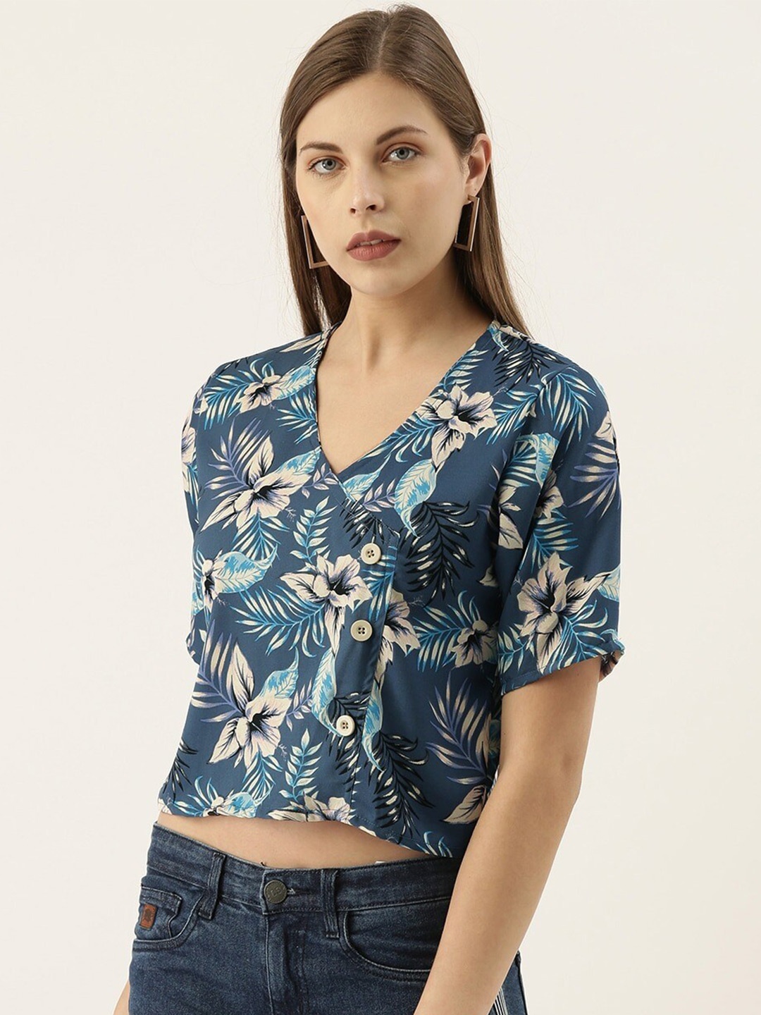 

Campus Sutra Floral Printed Wrap Crop Top, Blue