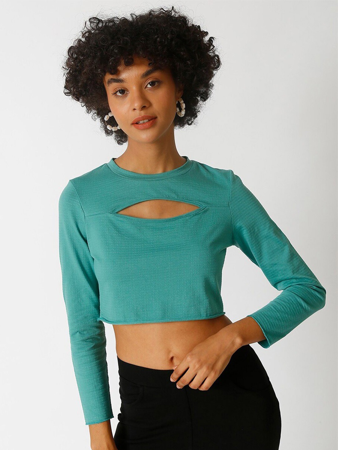 

Campus Sutra Cut Out Cotton Crop Top, Green