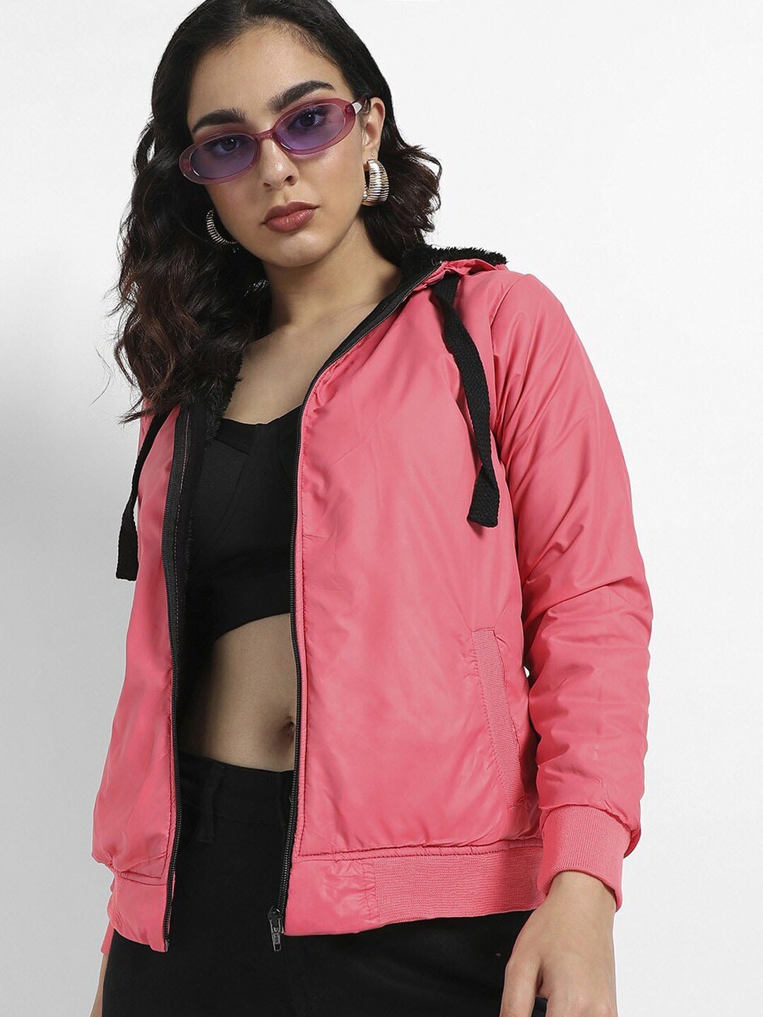 Campus Sutra Hooded Windcheater Outdoor Bomber Jacket, Pink