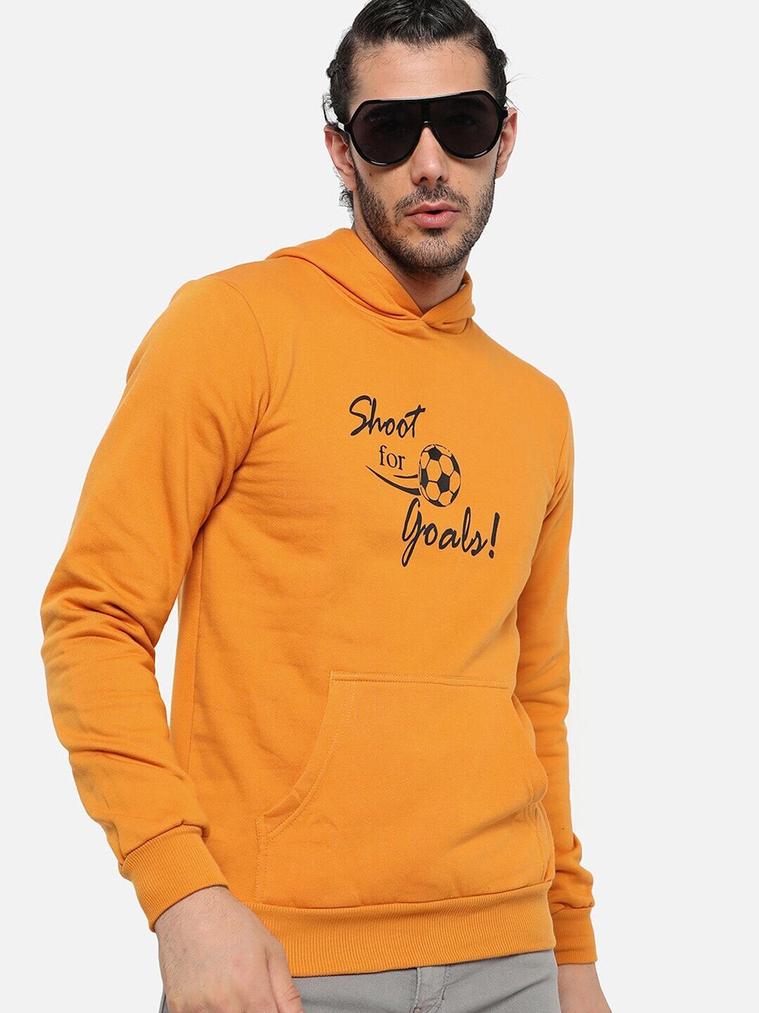 

Campus Sutra Typography Printed Hooded Cotton Sweatshirt, Mustard