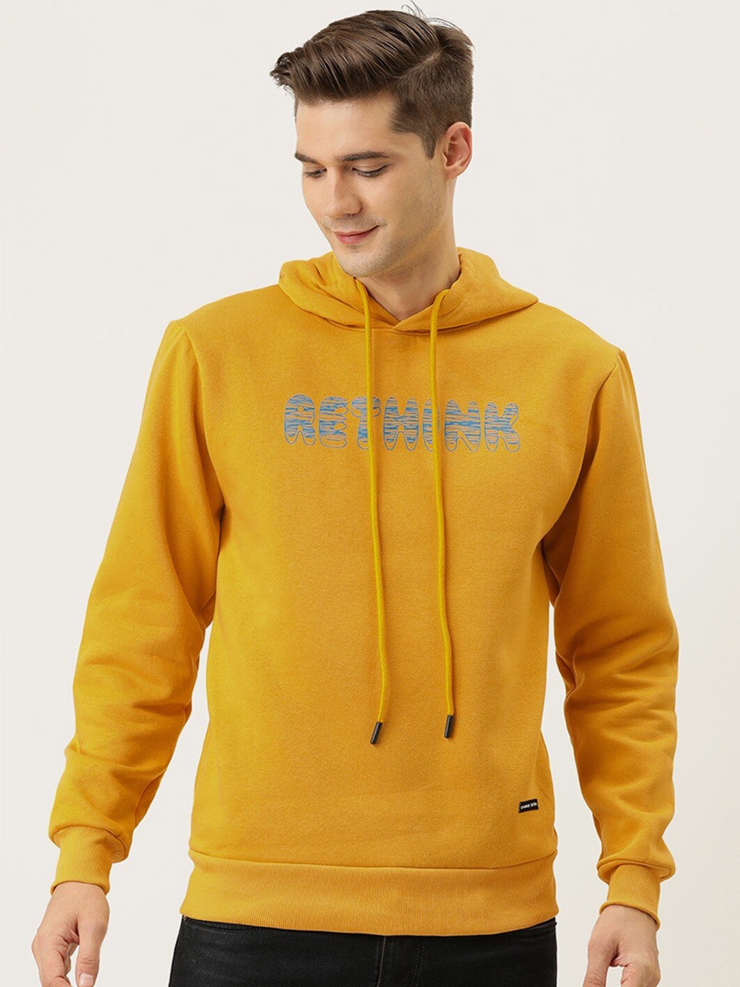 

Campus Sutra Yellow & Blue Typography Printed Hooded Cotton Pullover Sweatshirt