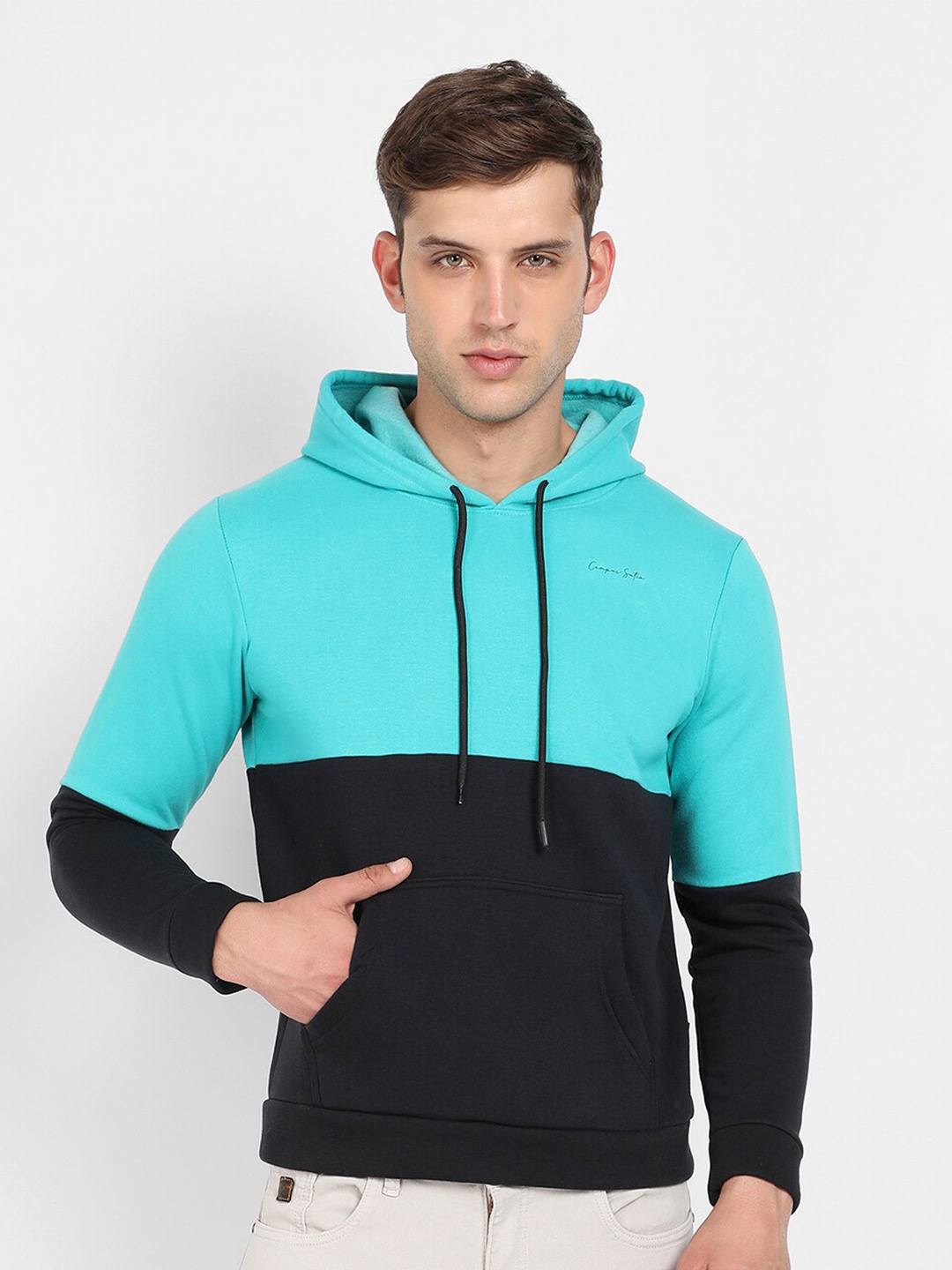 

Campus Sutra Blue & Black Colourblocked Hooded Cotton Pullover Sweatshirt