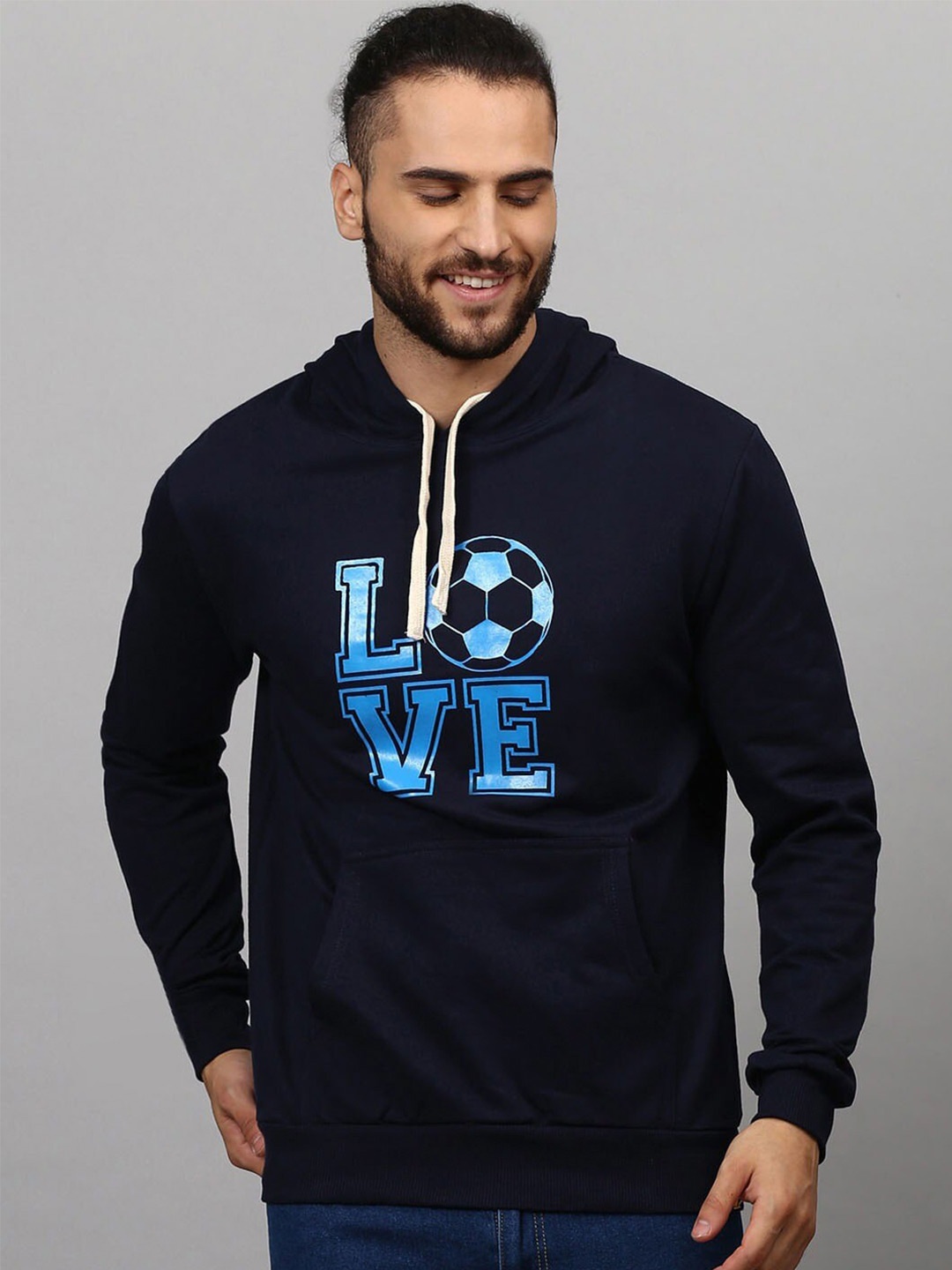 

Campus Sutra Typography Printed Hooded Cotton Sweatshirt, Navy blue