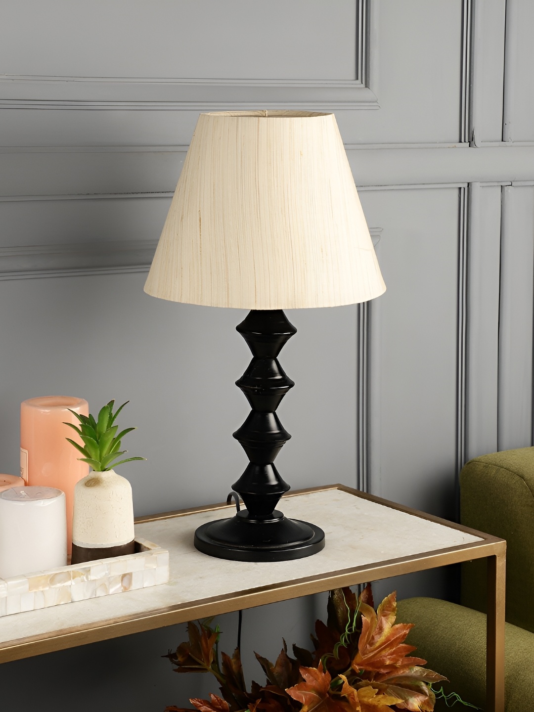 BTR CRAFTS Cream Wood Frustum Shaped Table Lamp with Adjustable Cord