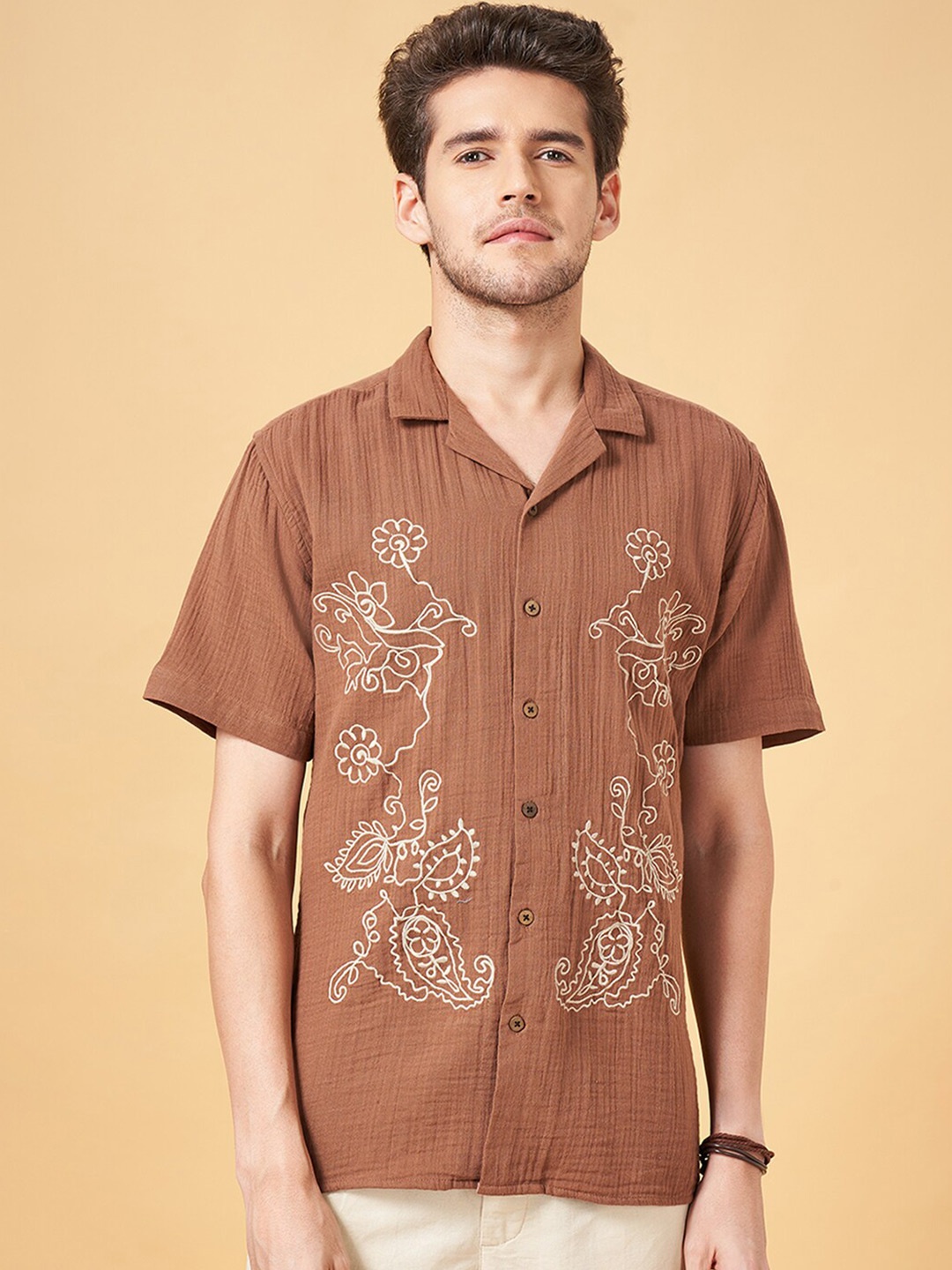 

7 Alt by Pantaloons Textured Embroidered Casual Cotton Shirt, Brown