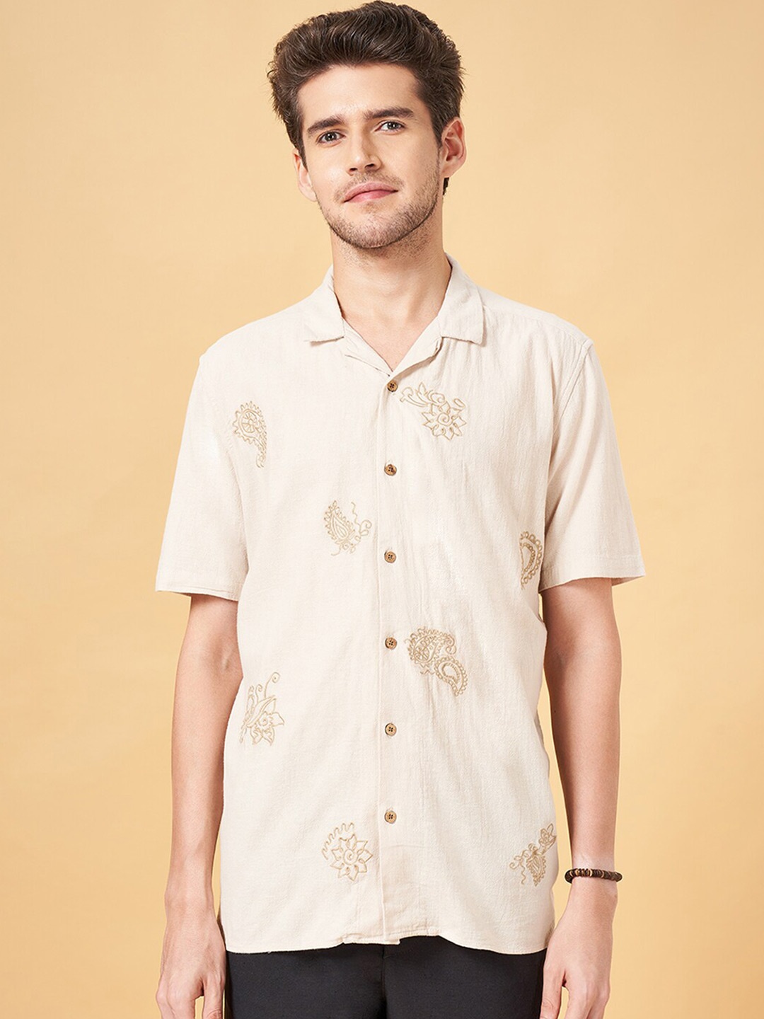 

7 Alt by Pantaloons Embroidered Spread Collar Casual Shirt, Beige