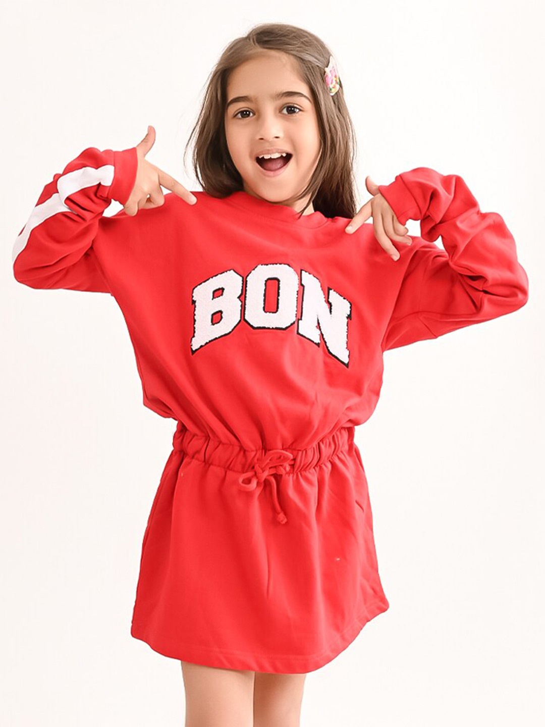 

BONKIDS Girls Typography Printed Long Sleeve Cotton T-shirt Dress, Red