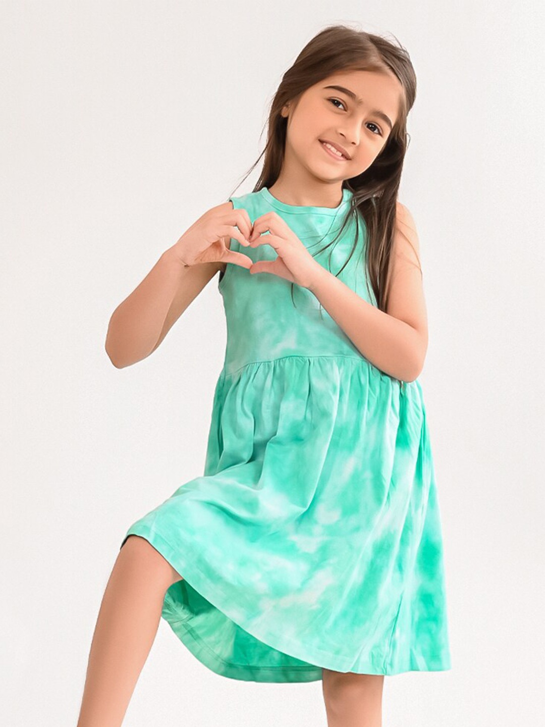 

BONKIDS Girls Tie & Dye Sleeveless Cotton A-Line Pleated Dress, Green