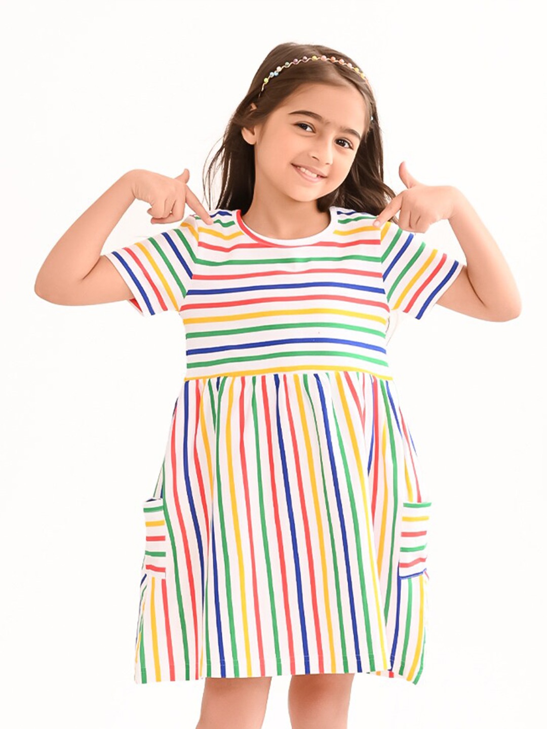 

BONKIDS Girls Striped Cotton Fit & flare Dress, White