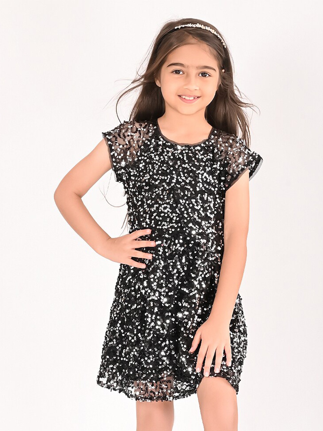 

BONKIDS Girls Embellished Cotton A-Line Dress, Black