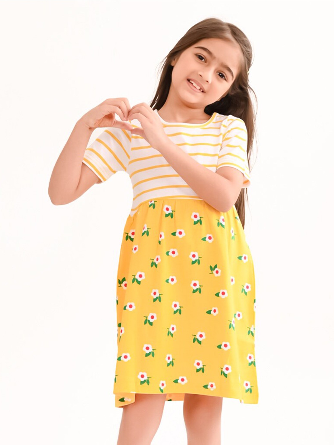 

BONKIDS Girls Floral Printed Cotton T-shirt Dress, Yellow