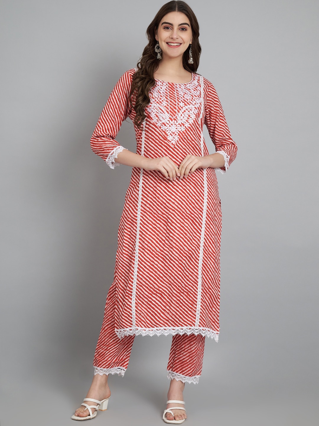 

KALINI Leheriya Printed Thread Work Detailed Pure Cotton Straight Kurta With Trouser, Red