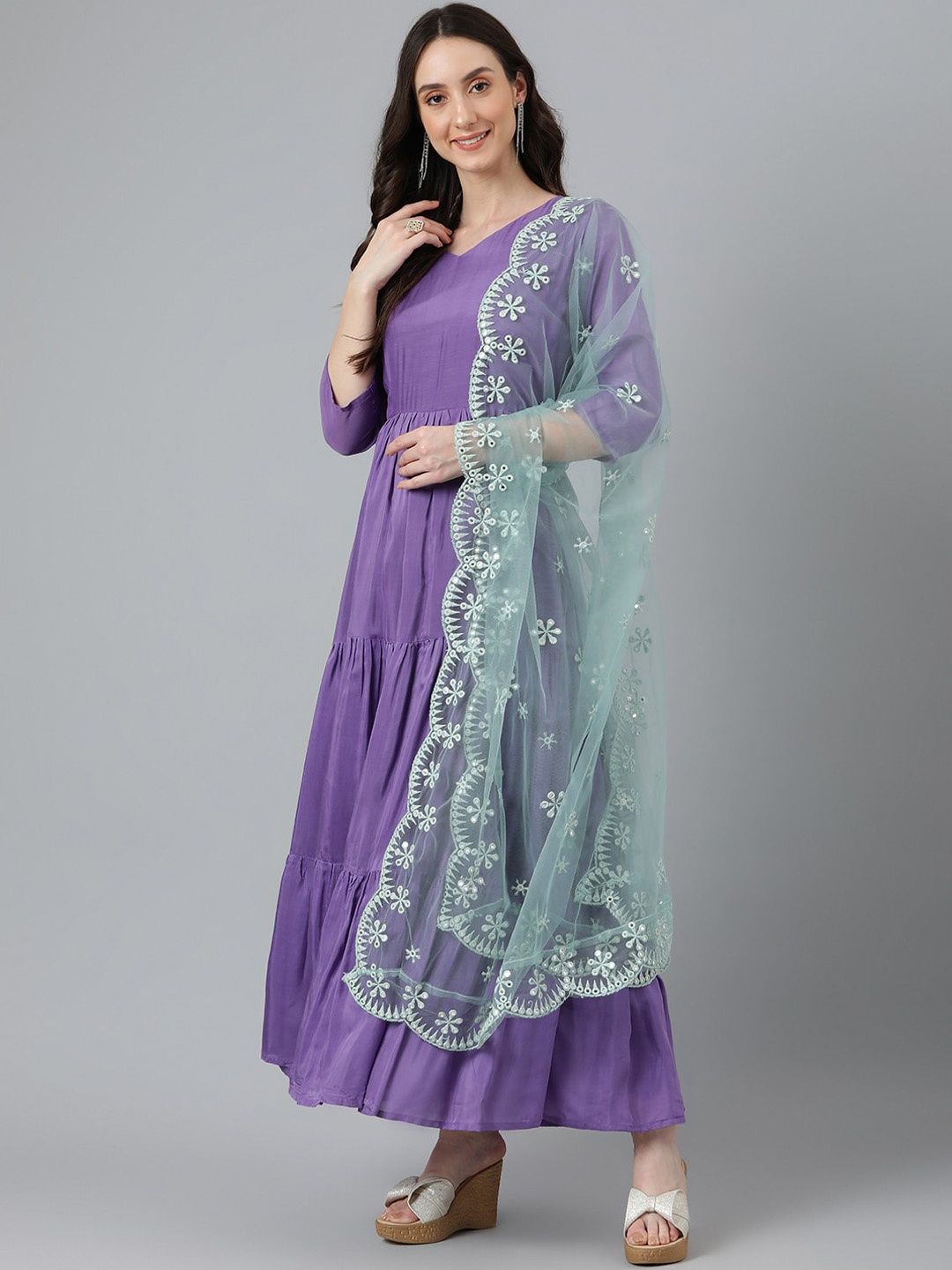 

Vinya Tiered Chanderi Cotton Kurta & Trousers With Dupatta, Purple