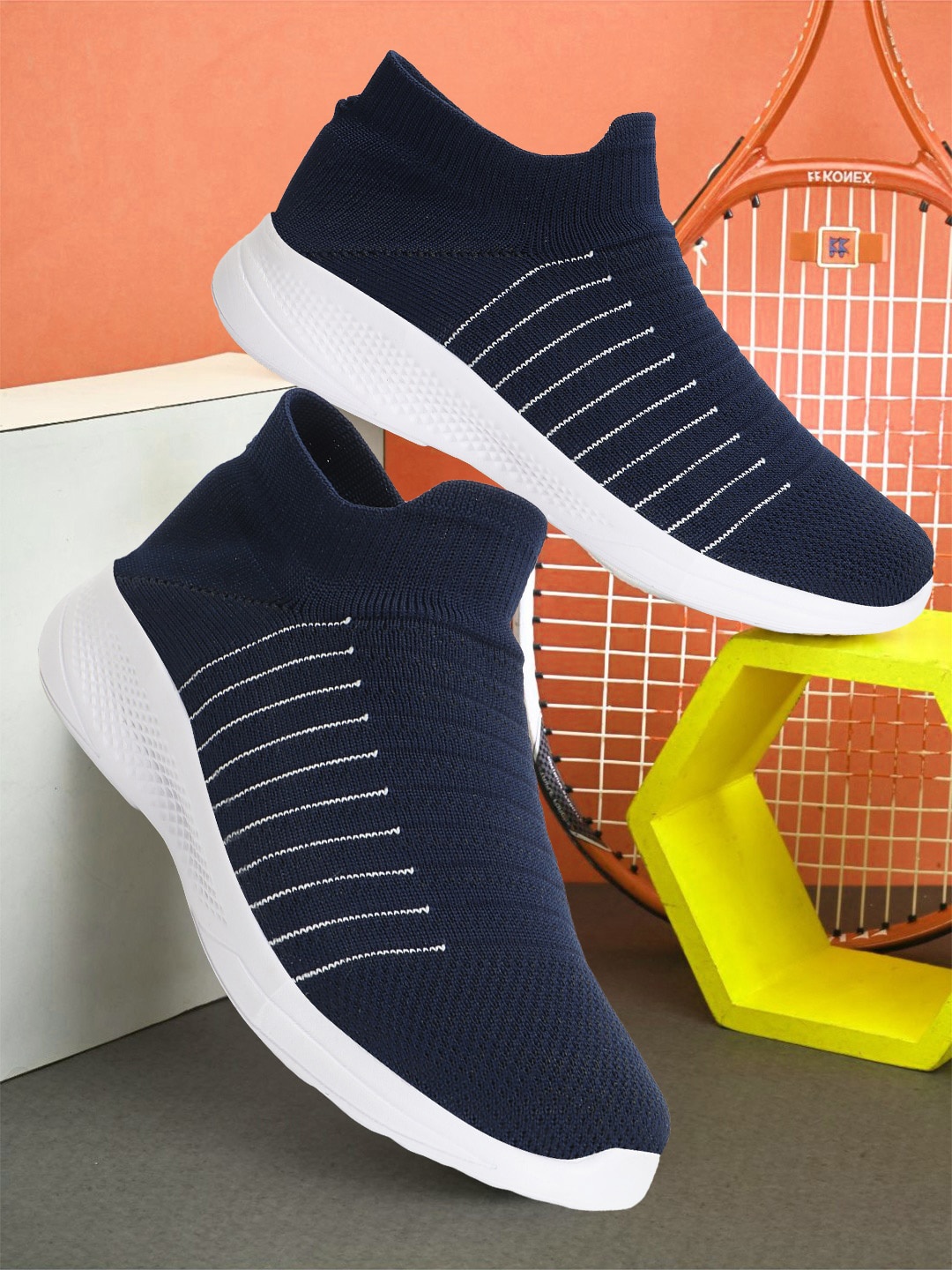 

M7 by Metronaut Men Coolsock Striped Lightweight Slip-On Sneakers, Navy blue