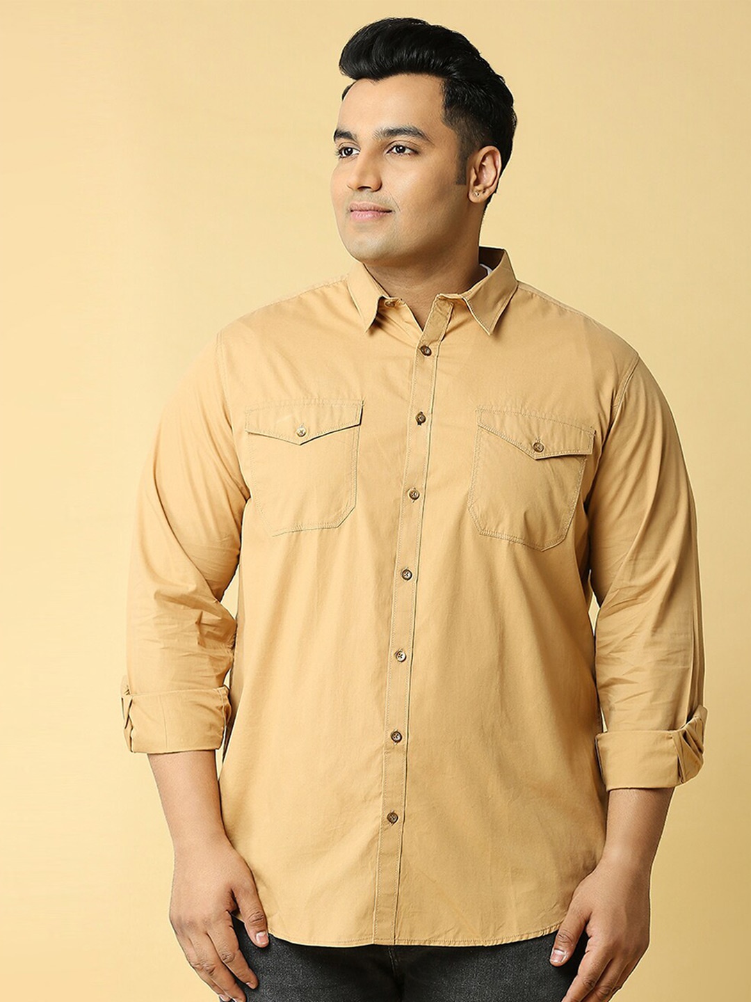 

Thomas Scott Plus Size Cotton Premium Slim Fit Opaque Casual Shirt, Beige