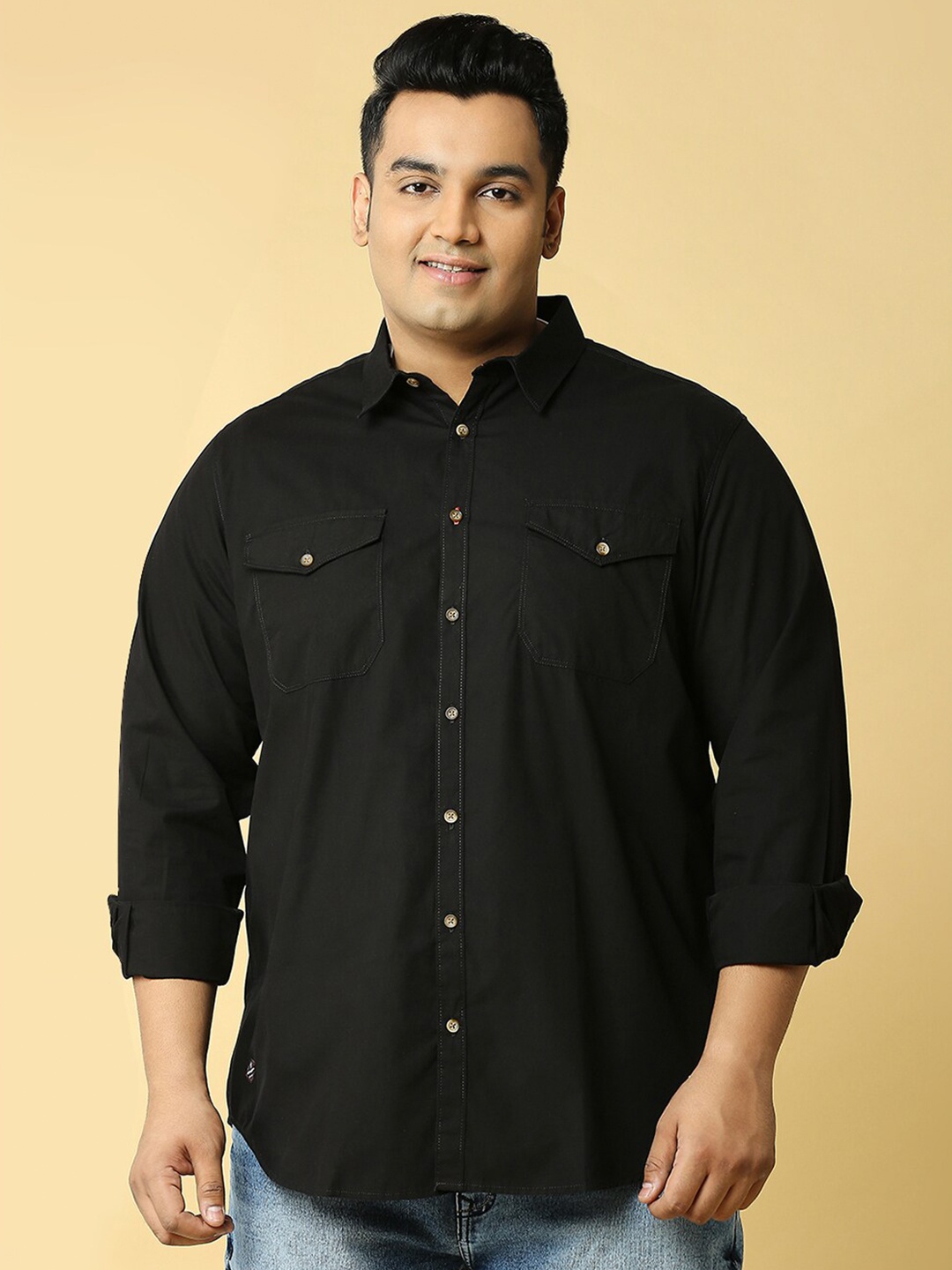

Thomas Scott Plus Size Cotton Premium Slim Fit Opaque Casual Shirt, Black