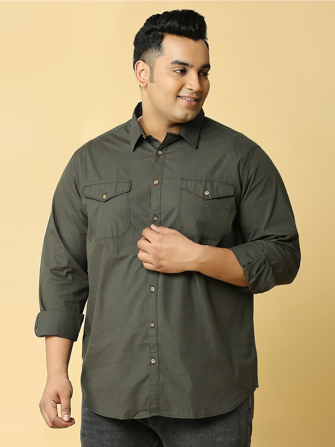 

Thomas Scott Plus Size Cotton Premium Slim Fit Opaque Casual Shirt, Olive