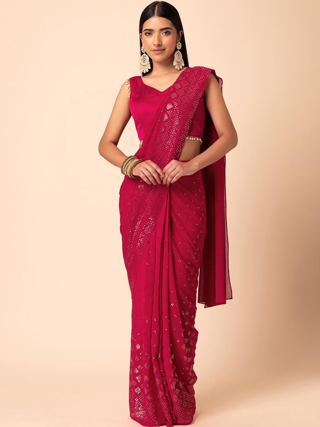 

Indya Luxe Embellished Ready To Wear Saree, Pink