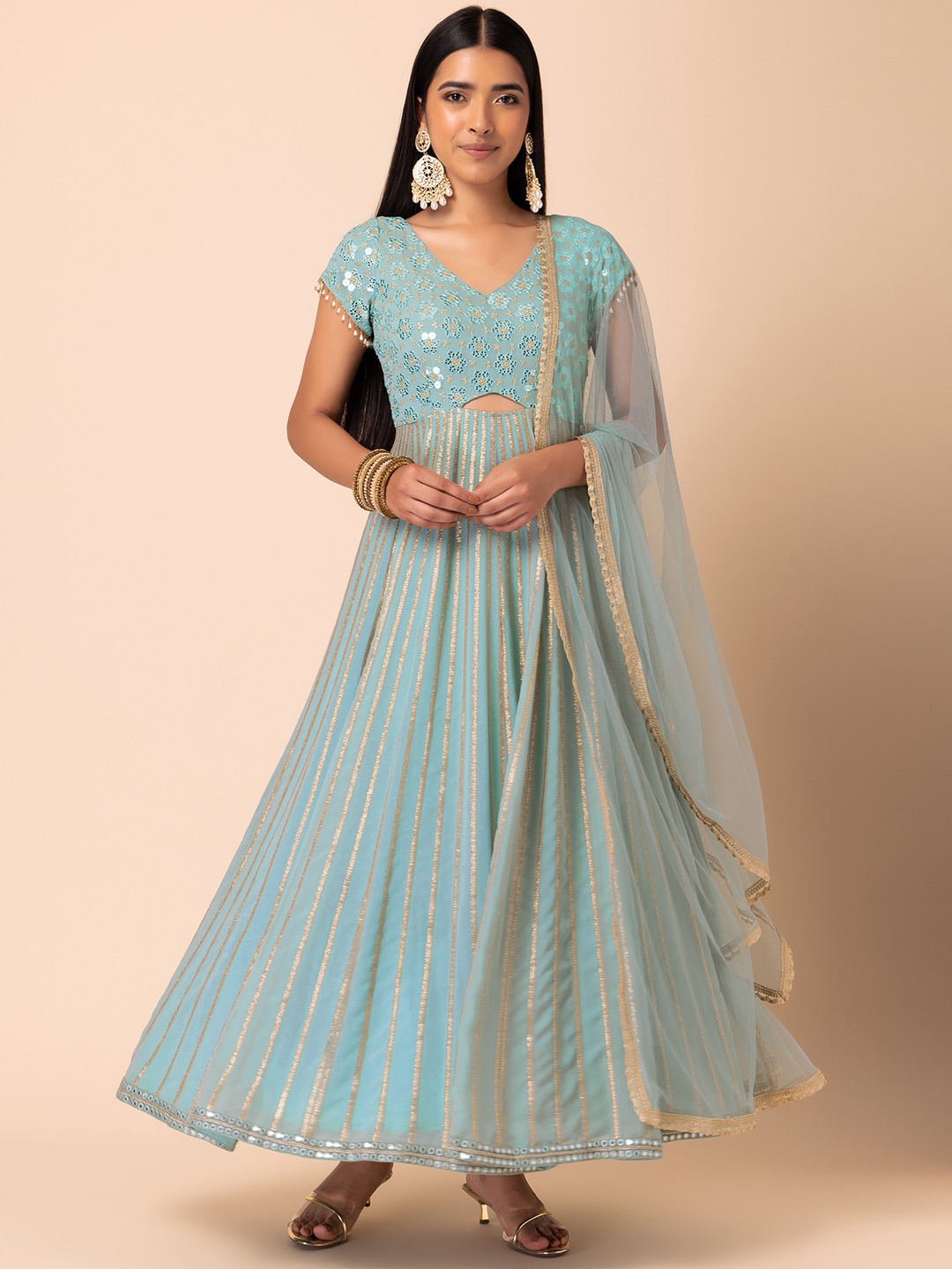 

Indya Luxe Embellished Georgette Anarkali Maxi Ethnic Dress With Dupatta, Green