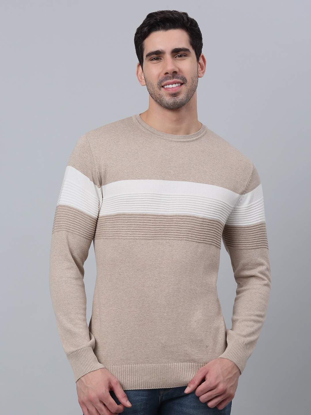 

Cantabil Striped Cotton Pullover, Beige