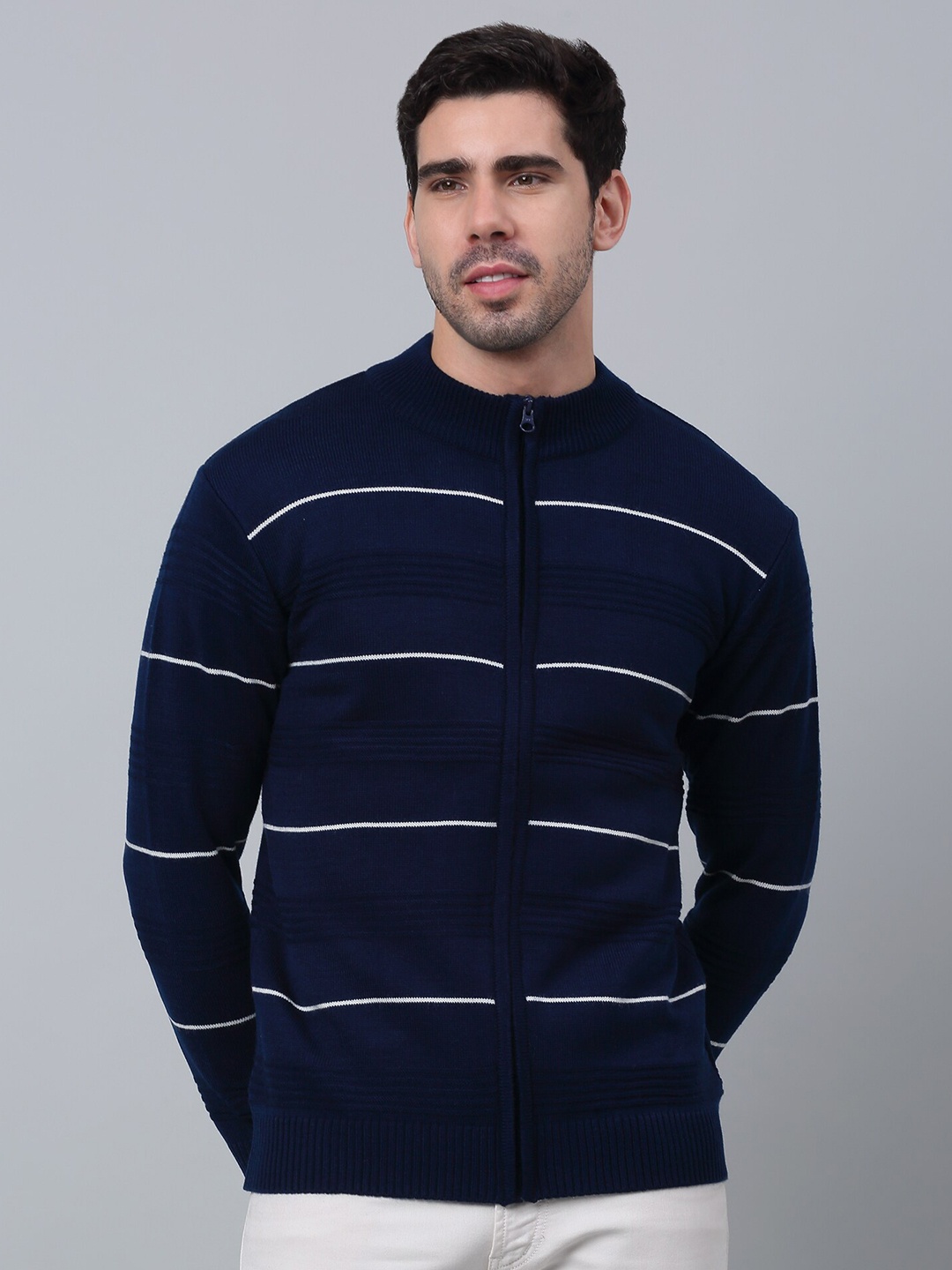 

Cantabil Striped Acrylic Front Open Sweater, Navy blue