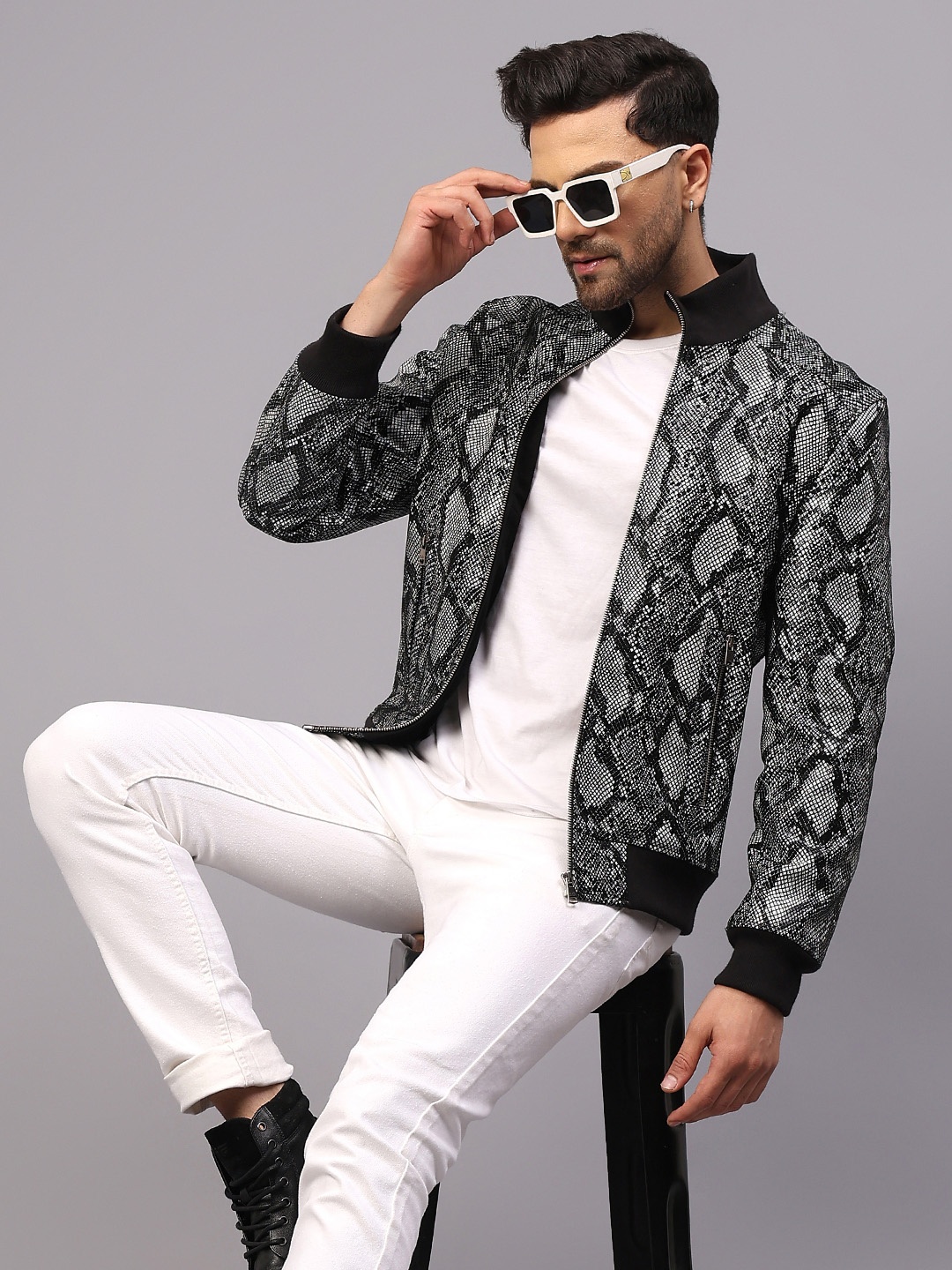 

Saint G Abstract Printed Leather Water Resistant Bomber Jacket, Grey