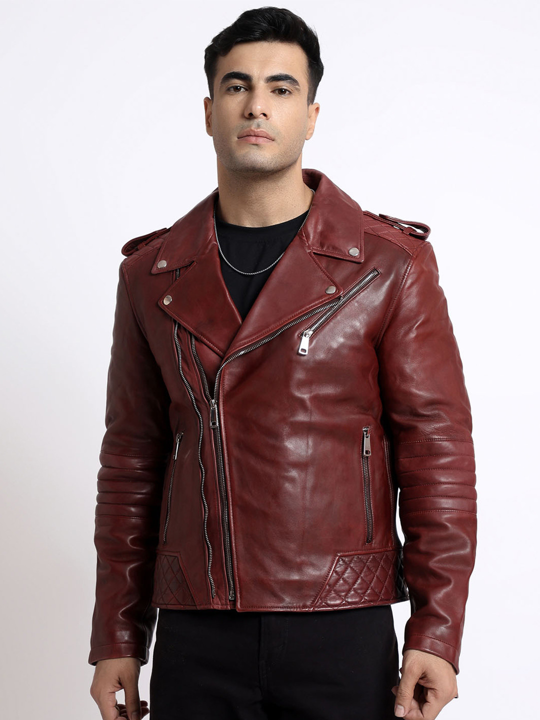

Saint G Lapel Collar Water Resistant Leather Biker Jacket, Brown