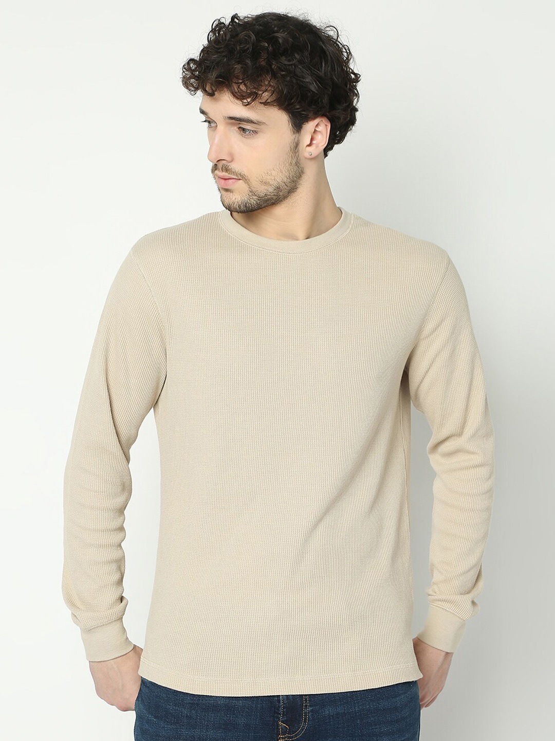 

R&B Round Neck Cotton T-shirt, Beige