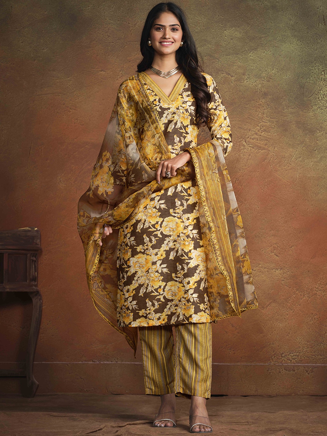 

Sangria Mustard Yellow & Brown Floral Printed Straight Kurta With Trouser & Dupatta