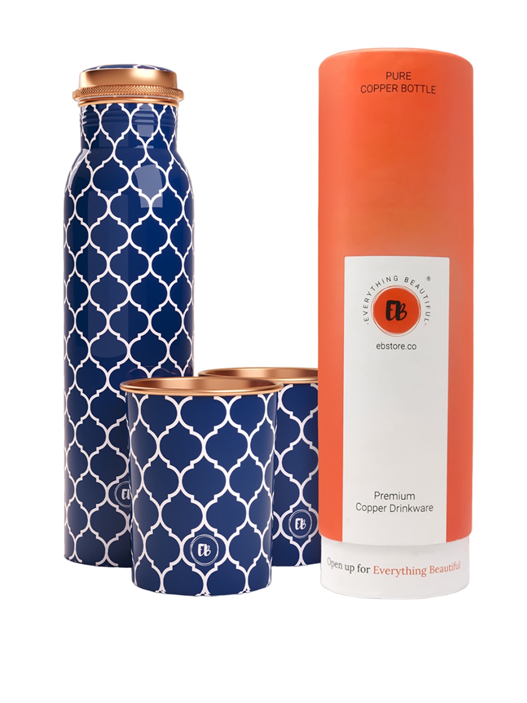 

EB-Everything Beautiful Blue 3 Pieces Ethnic Printed Copper Water Bottle with Tumbler 1.5 L