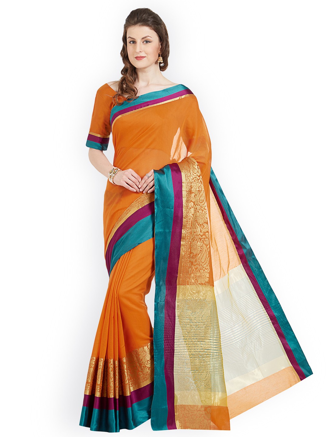 

Kvsfab Orange & Multicoloured Silk Cotton Woven Design Saree