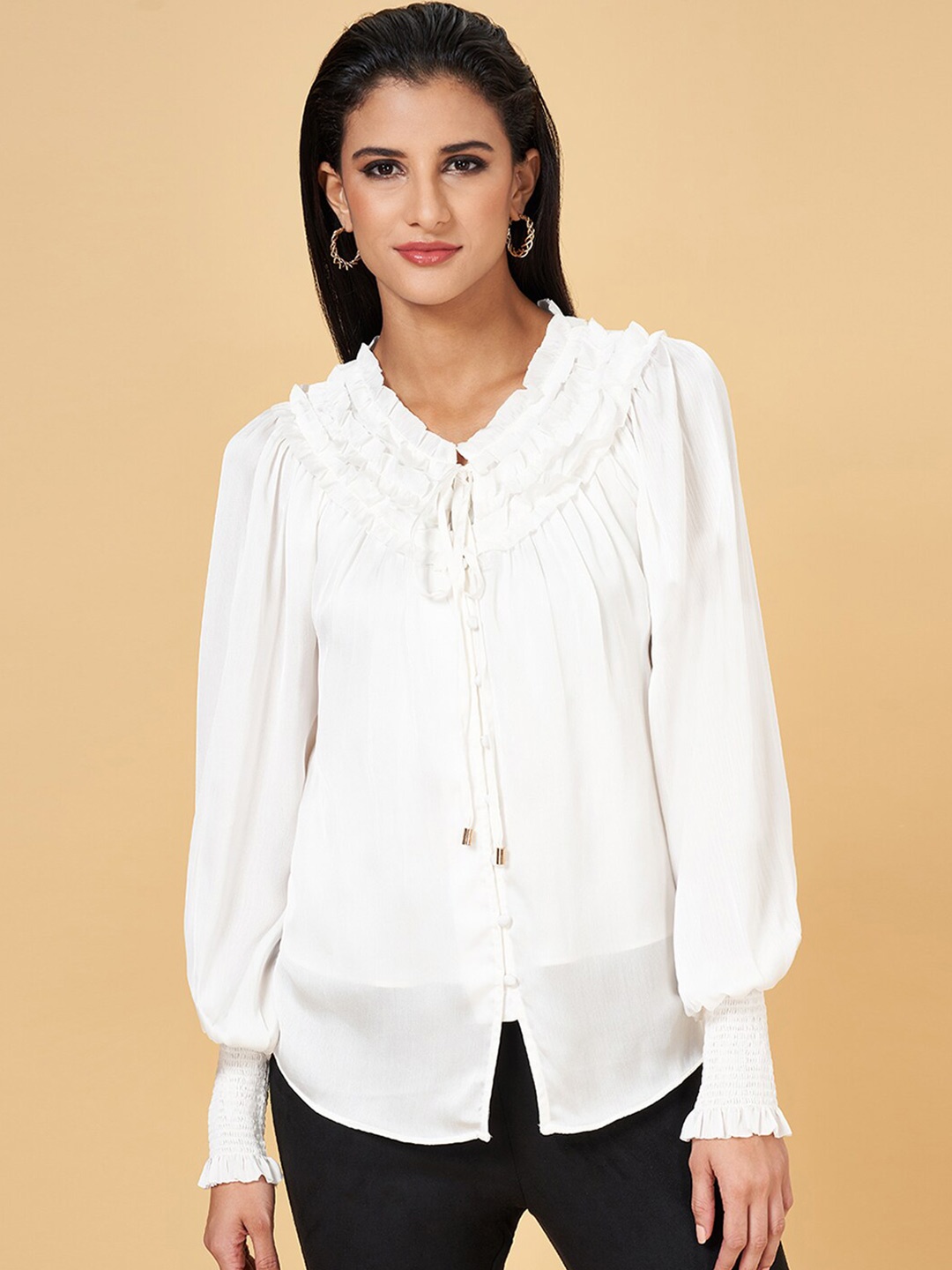 

Annabelle by Pantaloons Tie-Up Neck Cuffed Sleeves Ruffled Top, White