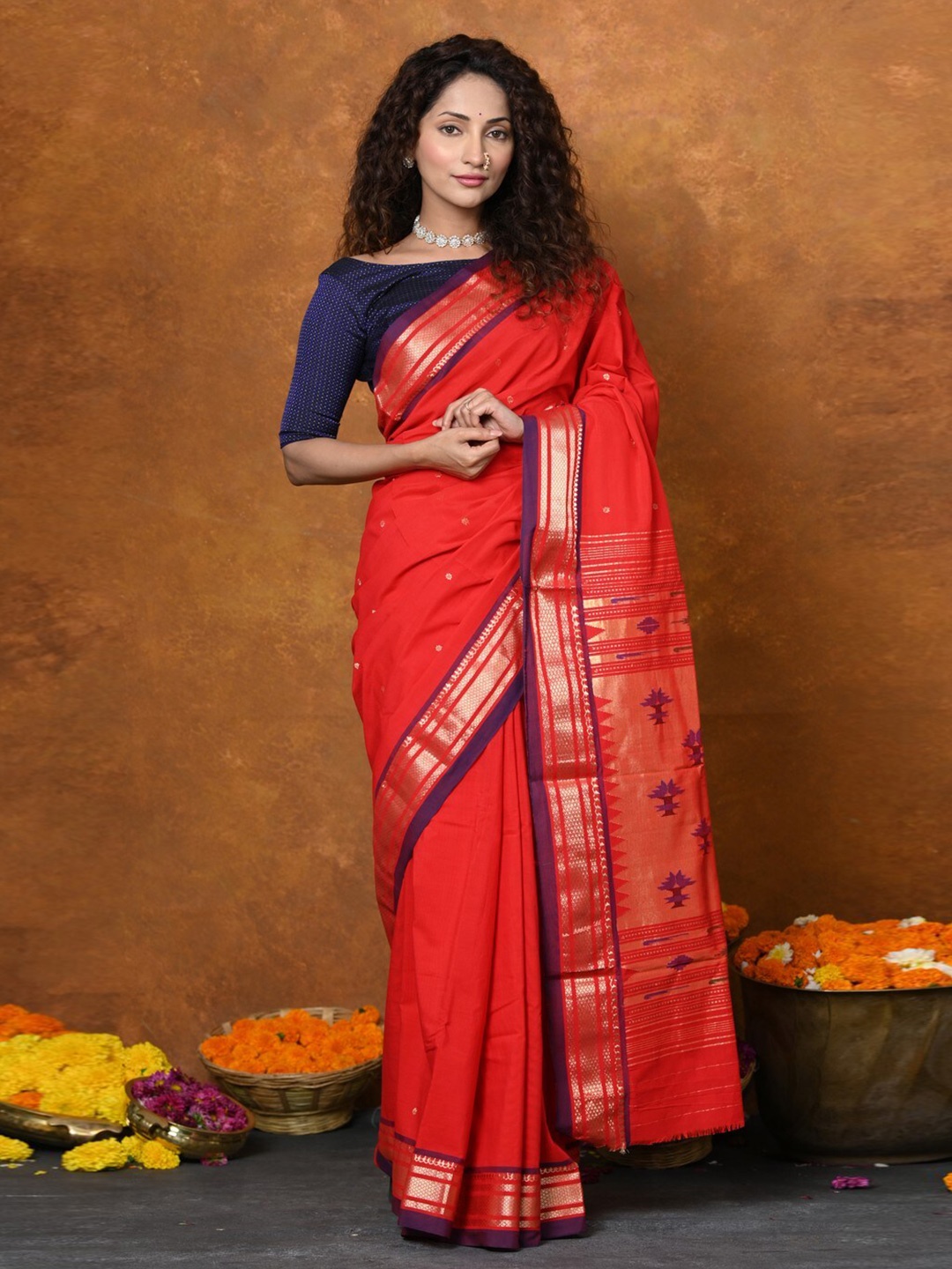 

Very Much Indian Ethnic Motifs Woven Design Pure Cotton Paithani Saree, Red