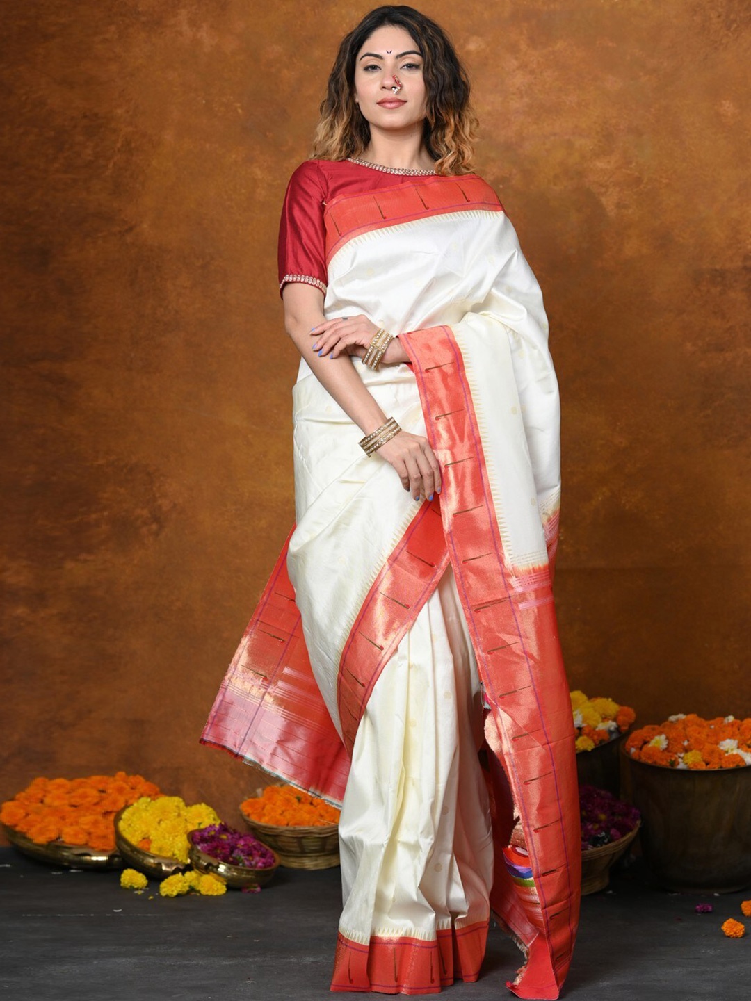 

Very Much Indian Polka Dots Woven Design Zari Pure Silk Paithani Saree, White