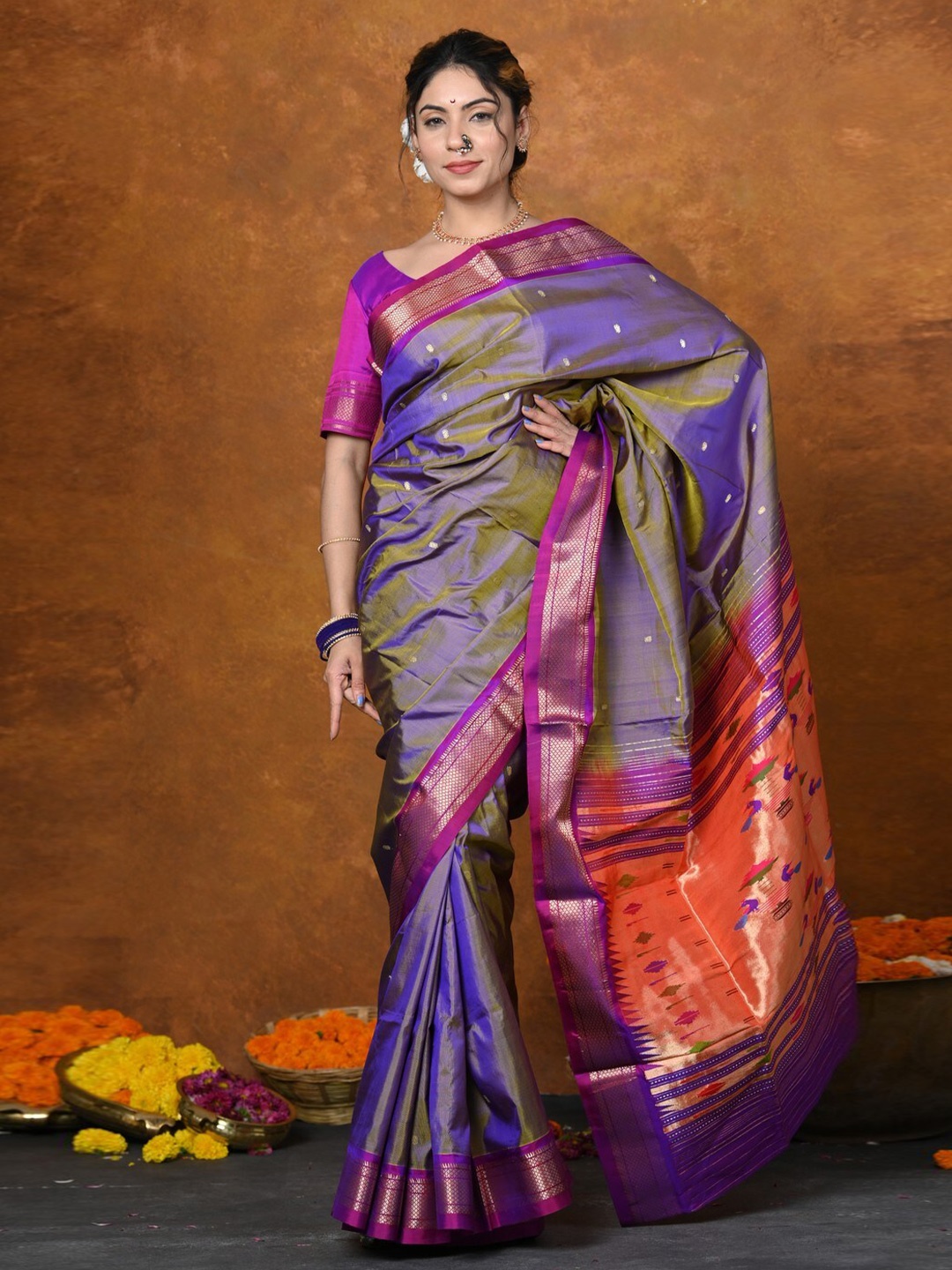 

Very Much Indian Ethnic Motifs Woven Design Zari Pure Silk Paithani Saree, Purple