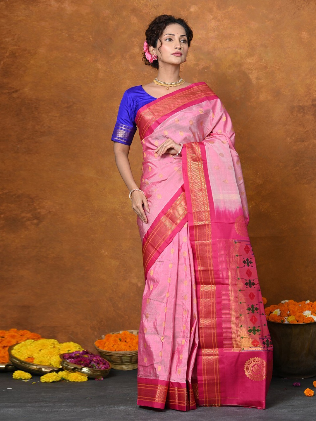 

Very Much Indian Ethnic Motifs Woven Design Zari Pure Silk Paithani Saree, Pink