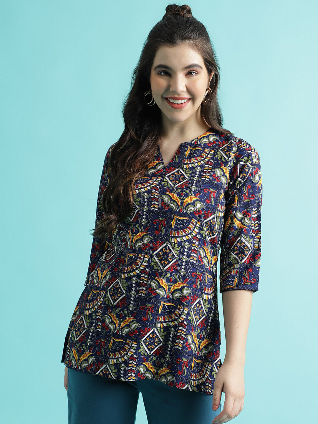 

Colors of Earth Ethnic Motifs Printed Round Neck Kurti, Blue