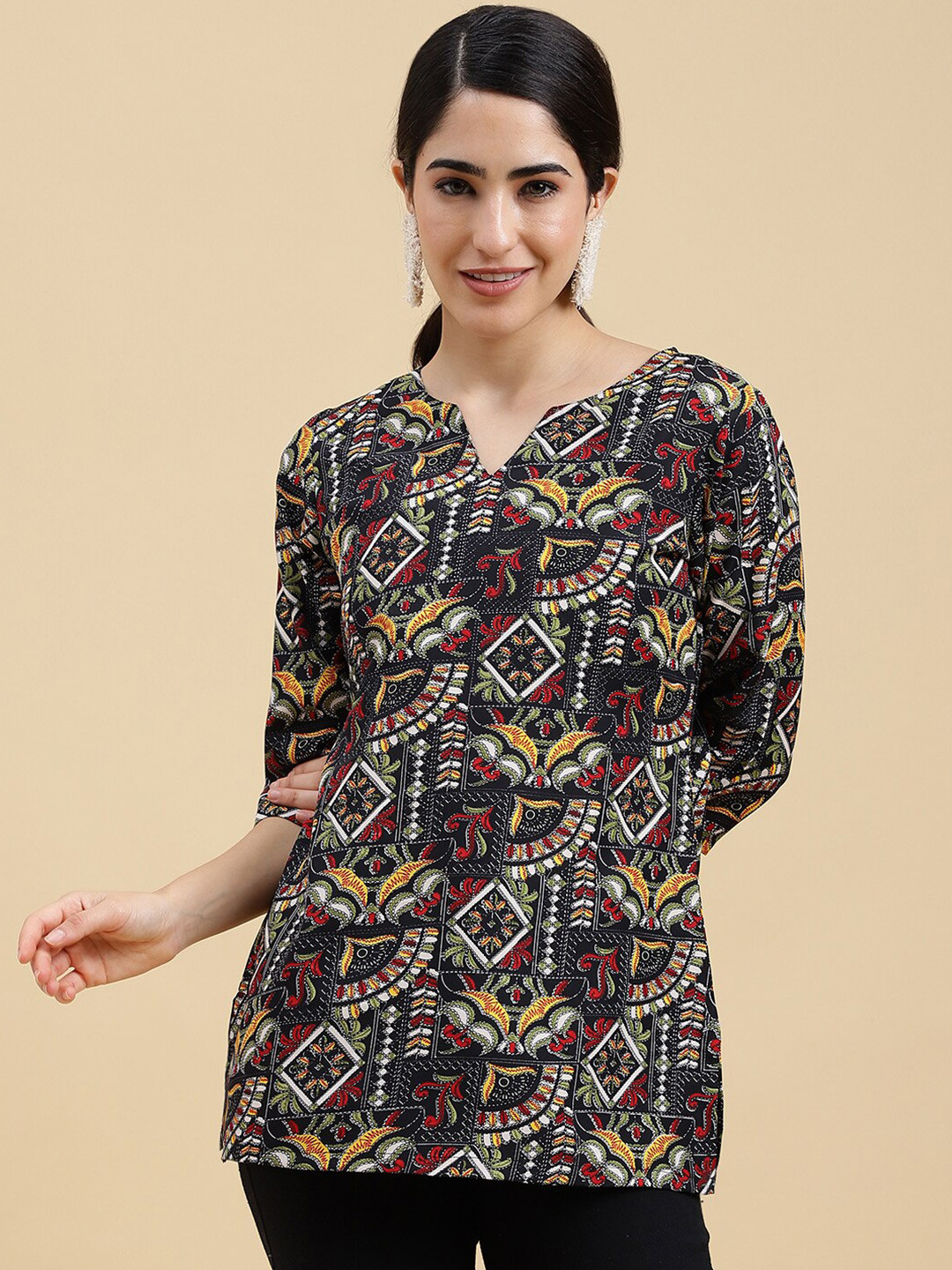

Colors of Earth Ethnic Motifs Printed Straight Kurti, Black