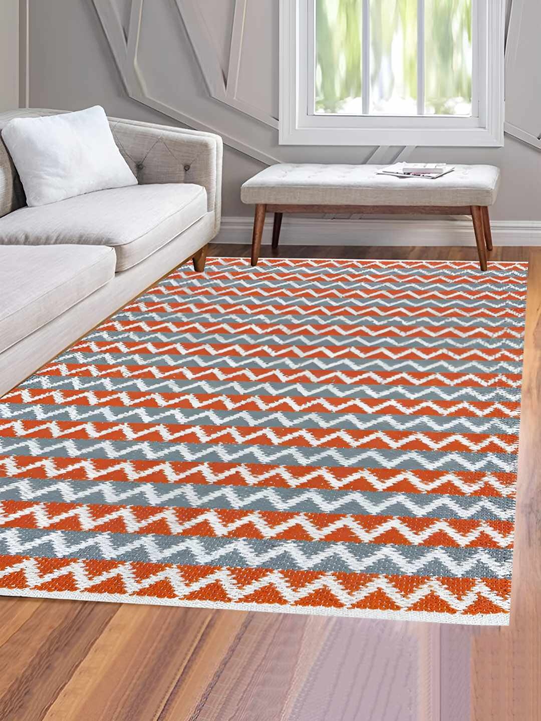 

SAJAVAT Orange & White Zig-zag Cotton Rectangular Dhurrie