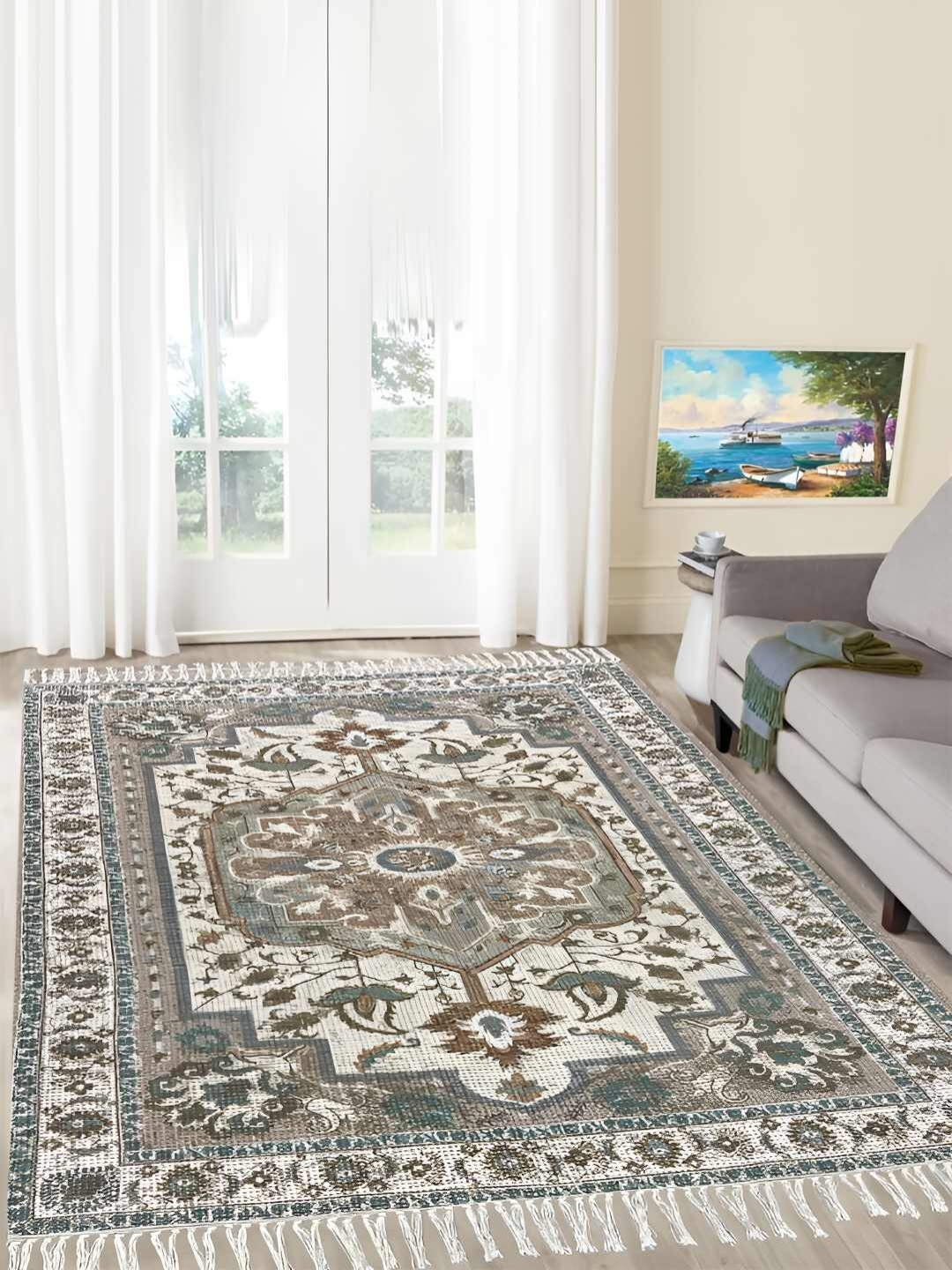 

SAJAVAT Green & White Printed Floral Cotton Rectangular Dhurrie