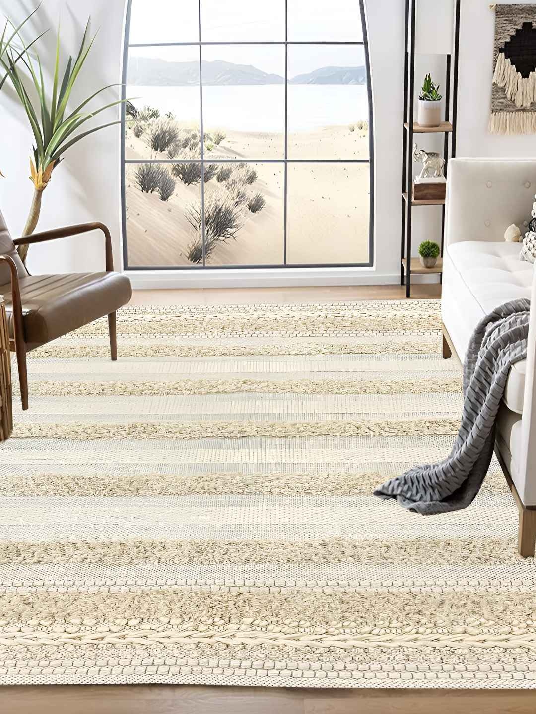 

SAJAVAT Cream-coloured & Beige Tufted No Shredding Cotton Dhurrie