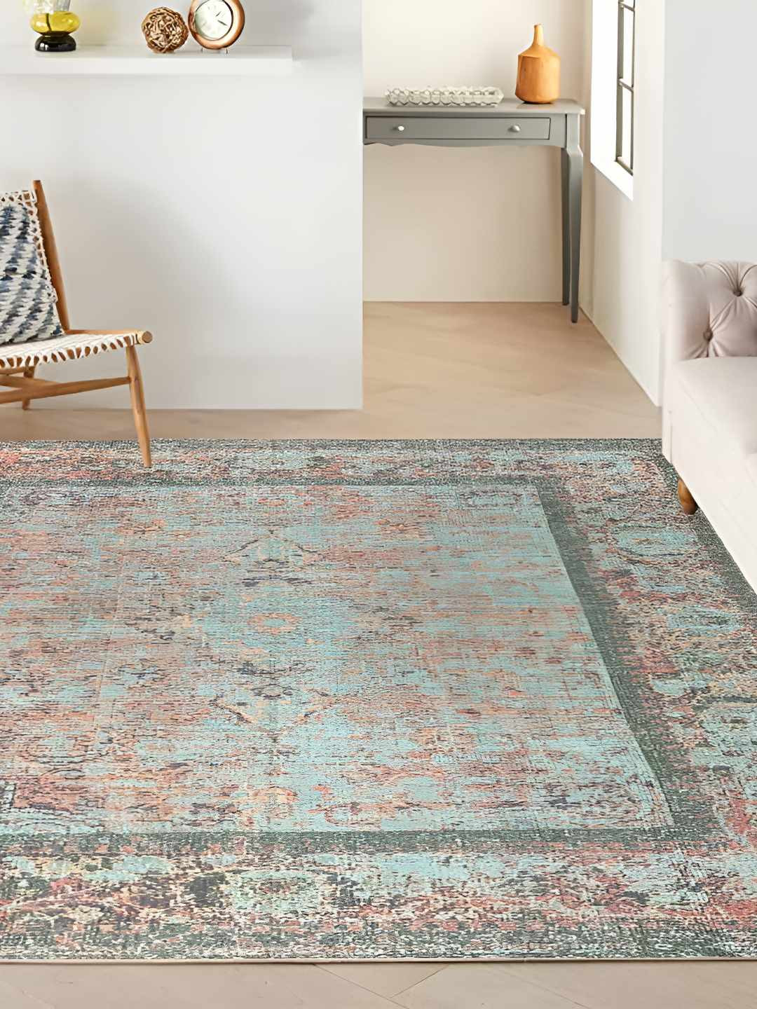 

SAJAVAT Grey & Blue Floral Printed Cotton Rectangular Dhurrie