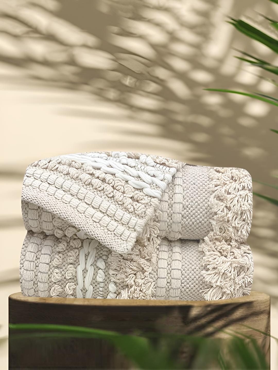 

SAJAVAT Cream & Beige 2 Pieces Tufted Cotton Rectangular Dhurries