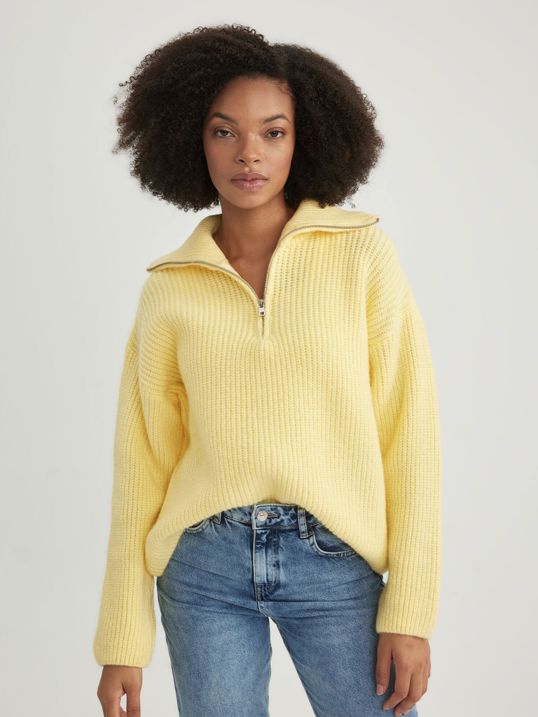 

DeFacto Ribbed Mock Collar Pullover Sweater, Yellow